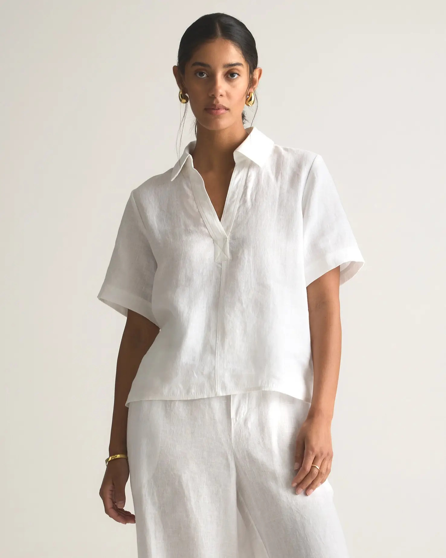 100% European Linen Short Sleeve Popover Top in White | Quince