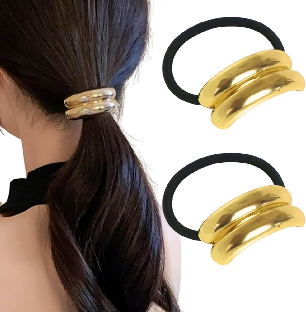 2PCS Metal Ponytails Hair Cuffs, Gold Geometric Hair Ties Fashion Glossy Arch Ponytail Hair Tie f... | Amazon (US)