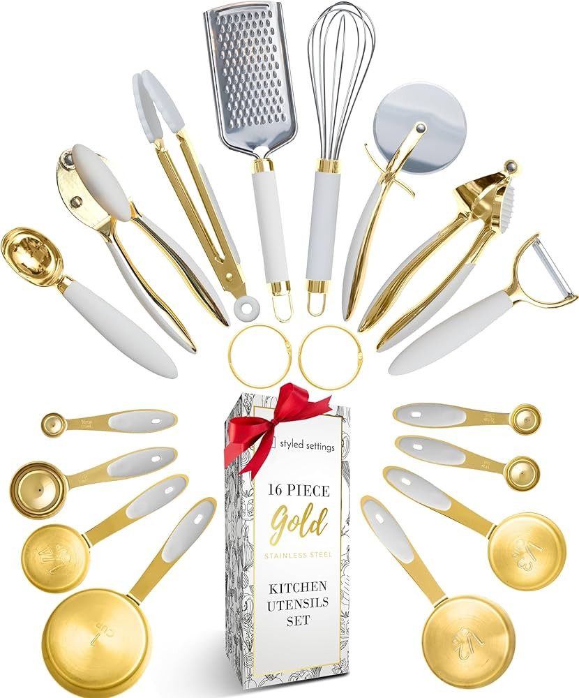 Styled Settings White and Gold Kitchen Utensils Set - 16 PC Gold Kitchen Set Includes Gold Measur... | Amazon (US)