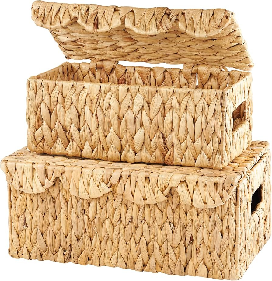 Set of 2 Scalloped Wicker Baskets with Lid - Woven Baskets with Lid - Rattan Storage Box - Woven ... | Amazon (US)