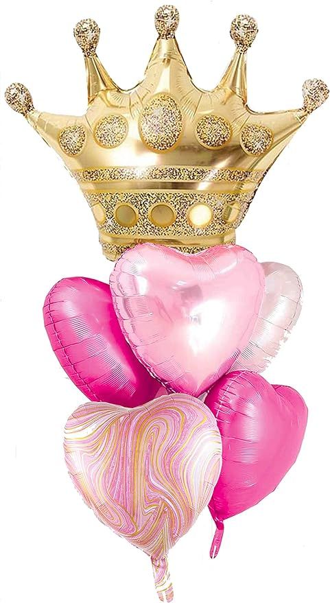 Pink And Gold Large Crown Heart Foil Helium Mylar Balloons Set For Girl's Happy Birthday Pink Pri... | Amazon (US)