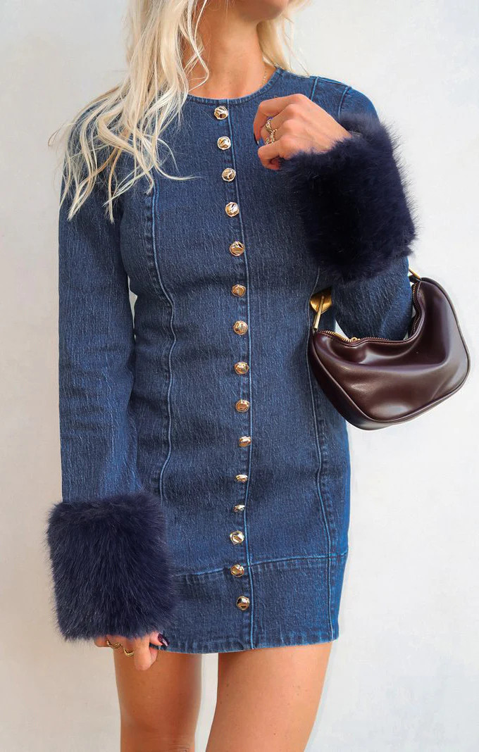 Rockefeller Mini Dress ~ Subzero Indigo with Faux Fur | Show Me Your Mumu