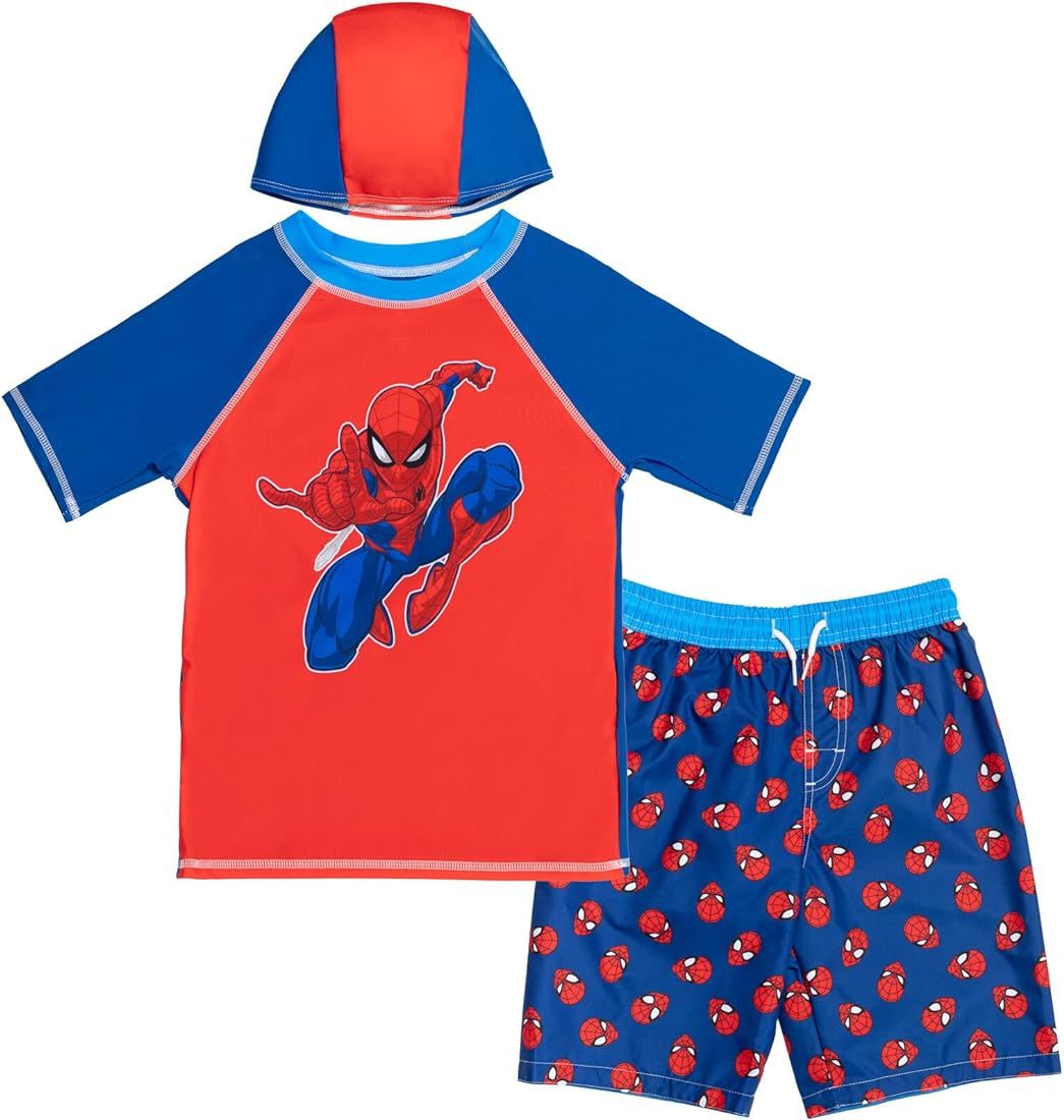 Marvel Avengers Captain America Pullover Raglan Swim Cap & Swim Trunks Bathing Suit & Short Sleev... | Amazon (US)