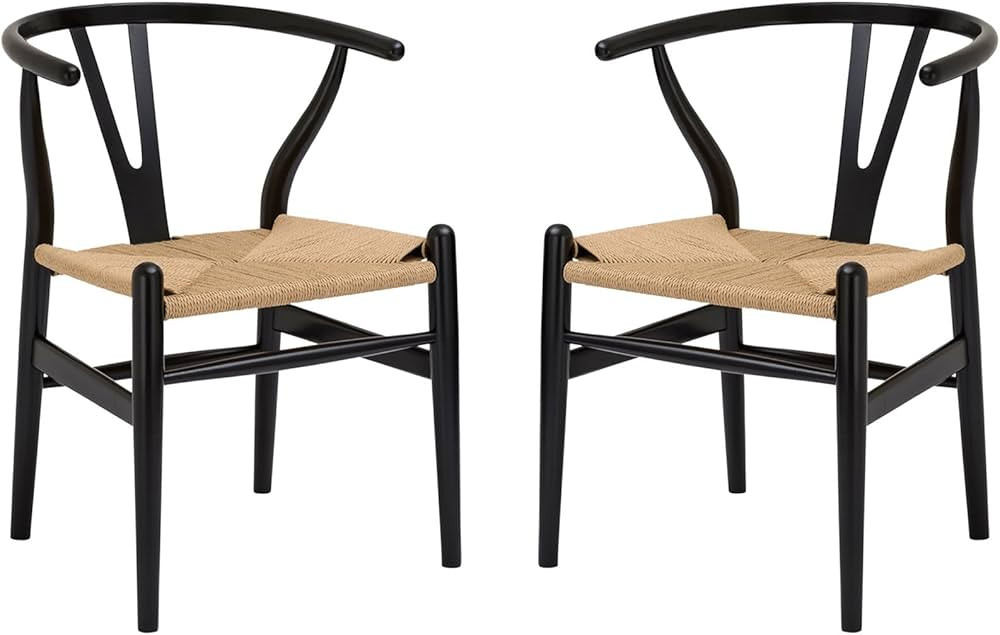 Poly and Bark Weave Modern Wooden Mid-Century Dining Chair, Hemp Seat, Black (Set of 2) | Amazon (US)