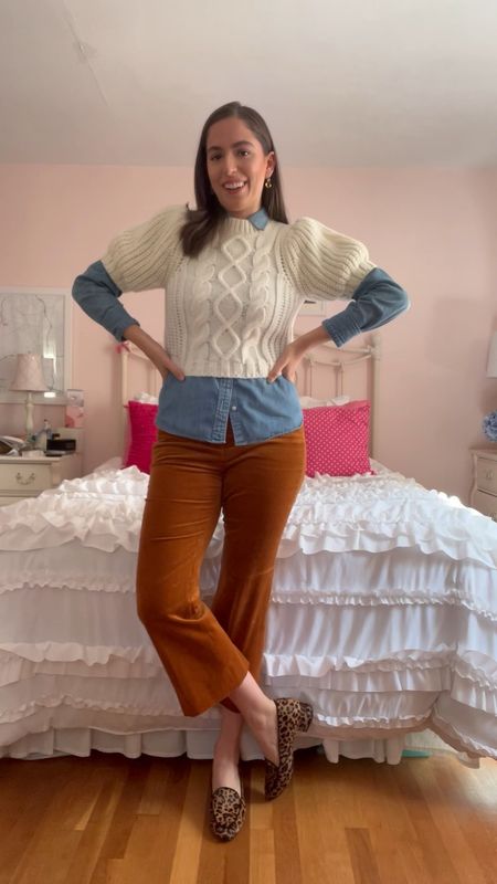 Cords, corduroy pants, chambray, sweater vest, fall layering outfit, fall outfit, sarah flint, loafers, cheetah loafers, leopard loafers, sweater, cable knit sweater, cropped sweater, puff sleeve sweater, how to wear a sweater vest

#LTKSeasonal #LTKunder100 #LTKU