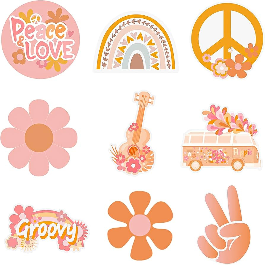 Kirako 45 Pcs Groovy Retro Hippie Cutouts Bulletin Board Decorations Set Pink 60’s Hippie Bus P... | Amazon (US)