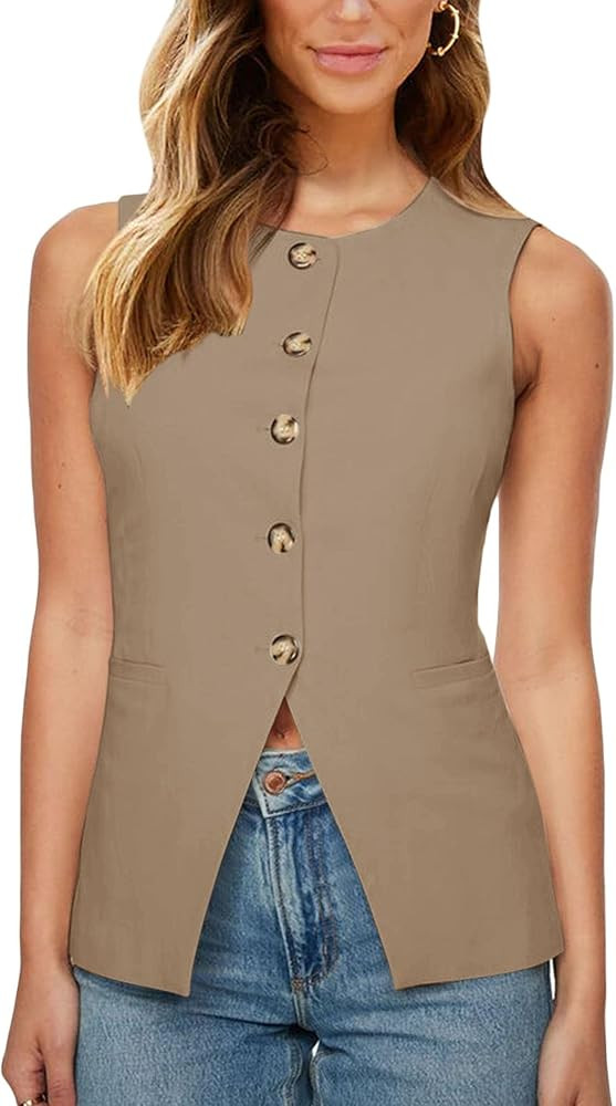 Fallorchid Womens Round neck Suit Vest Sleeveless Button Business Jacket Waistcoat Top | Amazon (US)