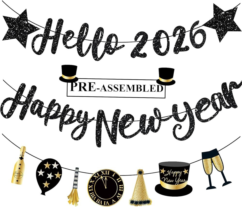 Happy New Year Banner 2026 Black Glitter Pre-Strung Hello 2026 &Happy New Years sign New Year Eve... | Amazon (US)