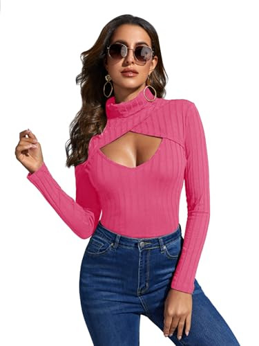SweatyRocks Women's Long Sleeve Turtleneck Cut Out Front Ribbed Knit Tee Shirt Hot Pink Small | Amazon (US)