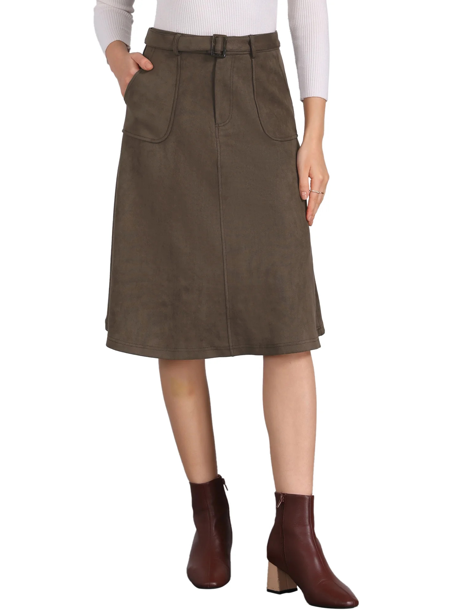 INSPIRE CHIC Women's Casual Stretchy Faux Suede Pockets A-Line Midi Skirt with Belt M Coffee | Walmart (US)