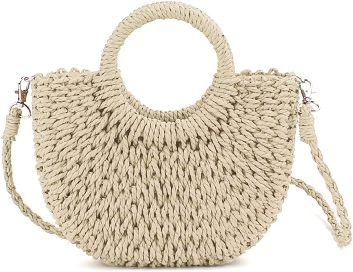 QTKJ Mini Semi-circle Rattan Straw Bag, Hand-woven Women Summer Retro Beach Tote Shoulder Bag Cro... | Amazon (US)