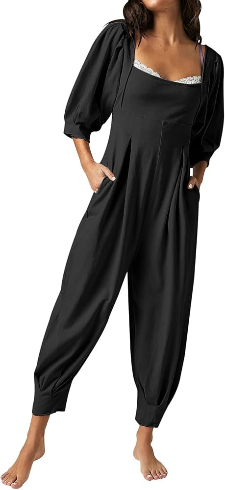 Ebifin Women's Casual Jumpsuits Square Neck Loose Long Pant Rompers with Pockets | Amazon (US)