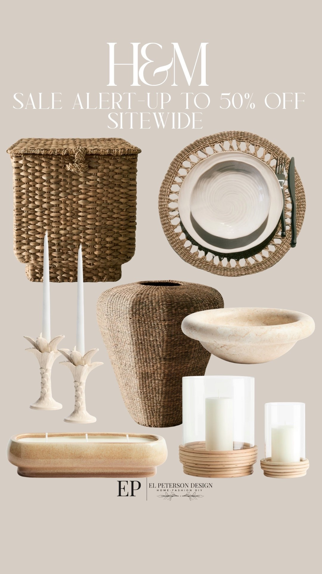 H&M 
Up to 50% off sitewide 
Vase
Candle holder
Candle holder
Placemats
Candles
Wicker Basket 
Bowl

#LTKHome #LTKSaleAlert