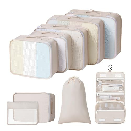 Easortm Packing Cubes for Travel - 9 Set Large Travel Cubes Luggage Organizer Bags Set With Laundry Bags/Shoe Bag/Toiletry Bag (Beige) | Amazon (US)