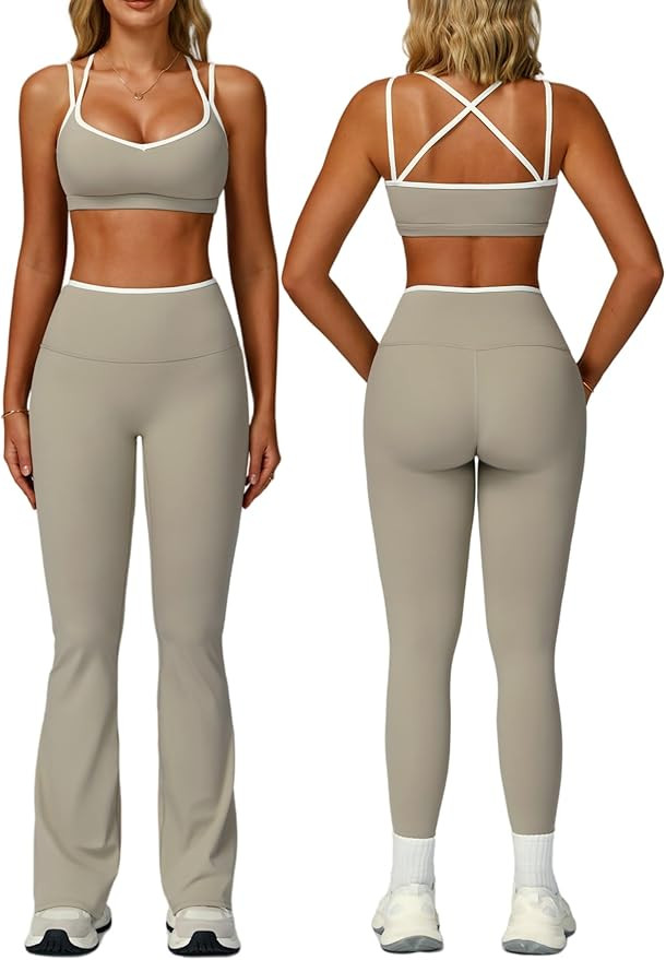 ABOCIW Workout Sets for Women 2 Piece Color Block Strappy Sports Bra High Waist Flare Leggings Gy... | Amazon (US)