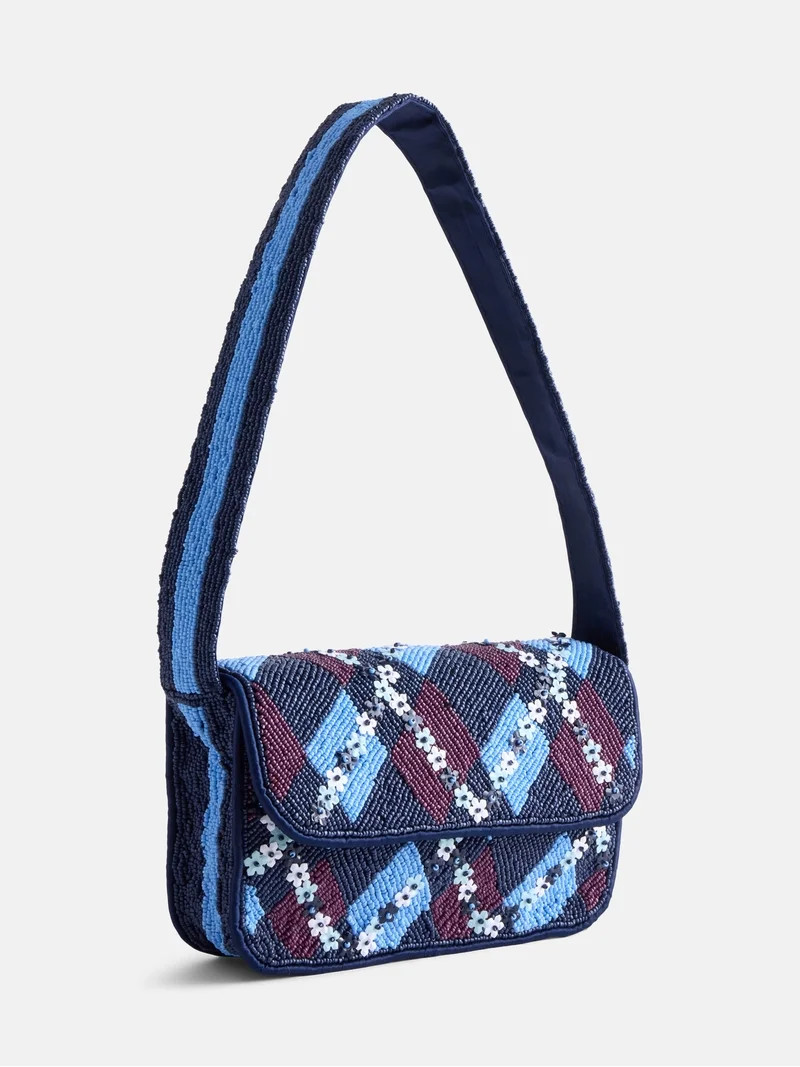 Free Assembly Women's Beaded Argyle Flap Shoulder Bag, Blue | Walmart (US)