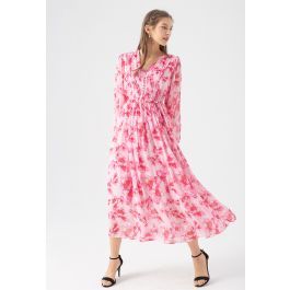Delicate Floral Shirred Maxi Dress in Hot Pink | Chicwish