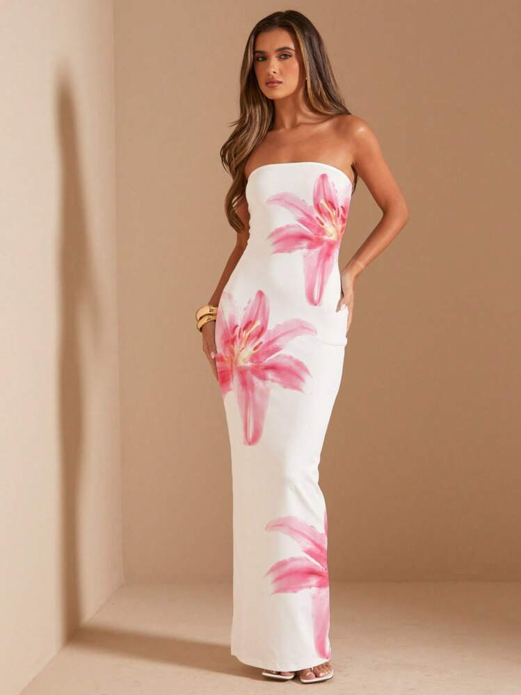 SHEIN BAE Bandeau Fitted Long Dress/ Pink Floral Elegant Dress/ Holiday Dress/ Island Holiday Dress/ Beach Holiday/ Party/ Birthday/Summer Dresses For Women/Dresses For Women Summer/Vacation Outfits Woman/Beach Outfits For Woman/Wedding Guest Dress Women/Birthday Dresses For Women/Dresses For Women Elegant/Birthday Outfits For Women | SHEIN