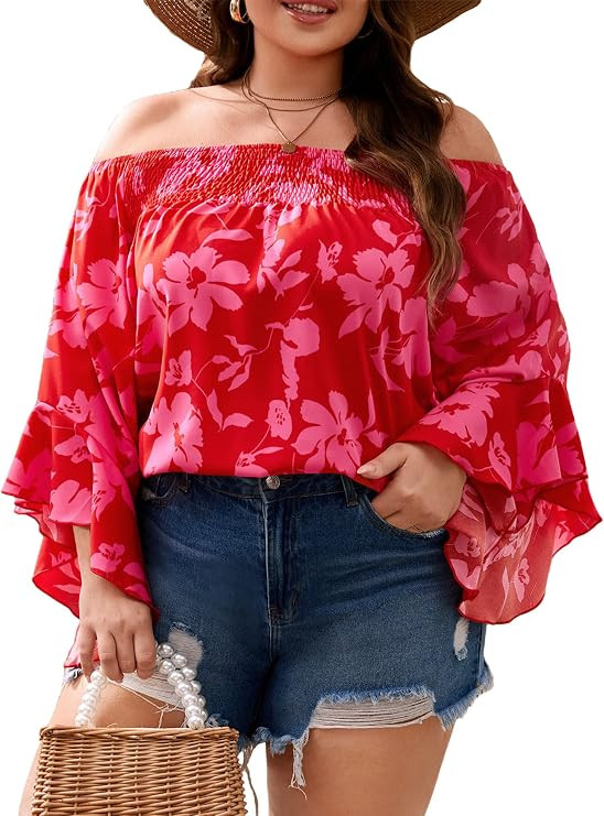 MakeMeChic Women's Plus Size Floral Off Shoulder Ruffle Bell Long Sleeve Blouse Top | Amazon (US)