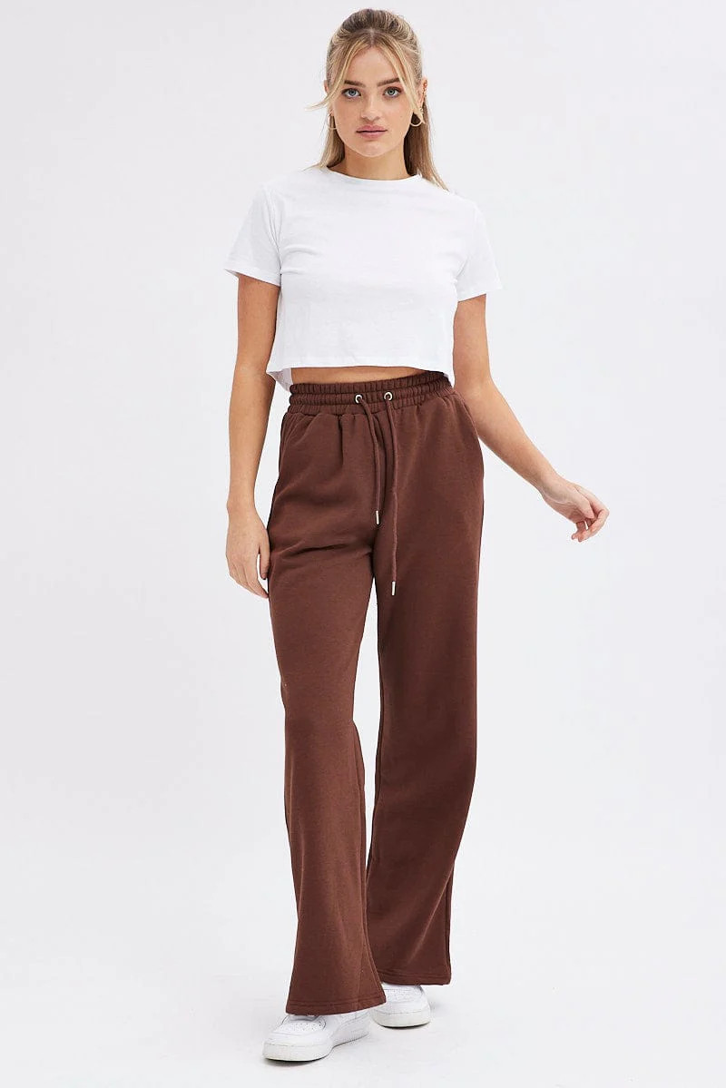 Brown Wide Leg Track Pants High Rise | Ally Fashion (US, Australia & New Zealand)