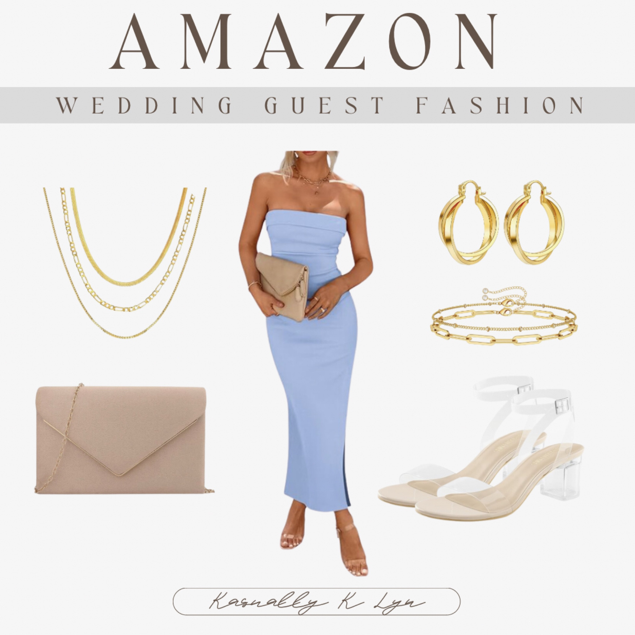 Amazon Wedding Guest Fashion!! women’s light blue summer bodycon strapless maxi tube dress with slit for wedding guest. nude clutch purse party cocktail evening handbag. open toe ankle strap clear heels. gold plated stack layered chain necklace. dainty gold layered bracelet with chains. thick chunky gold hoop earrings. 

#LTKWedding #LTKStyleTip #LTKU