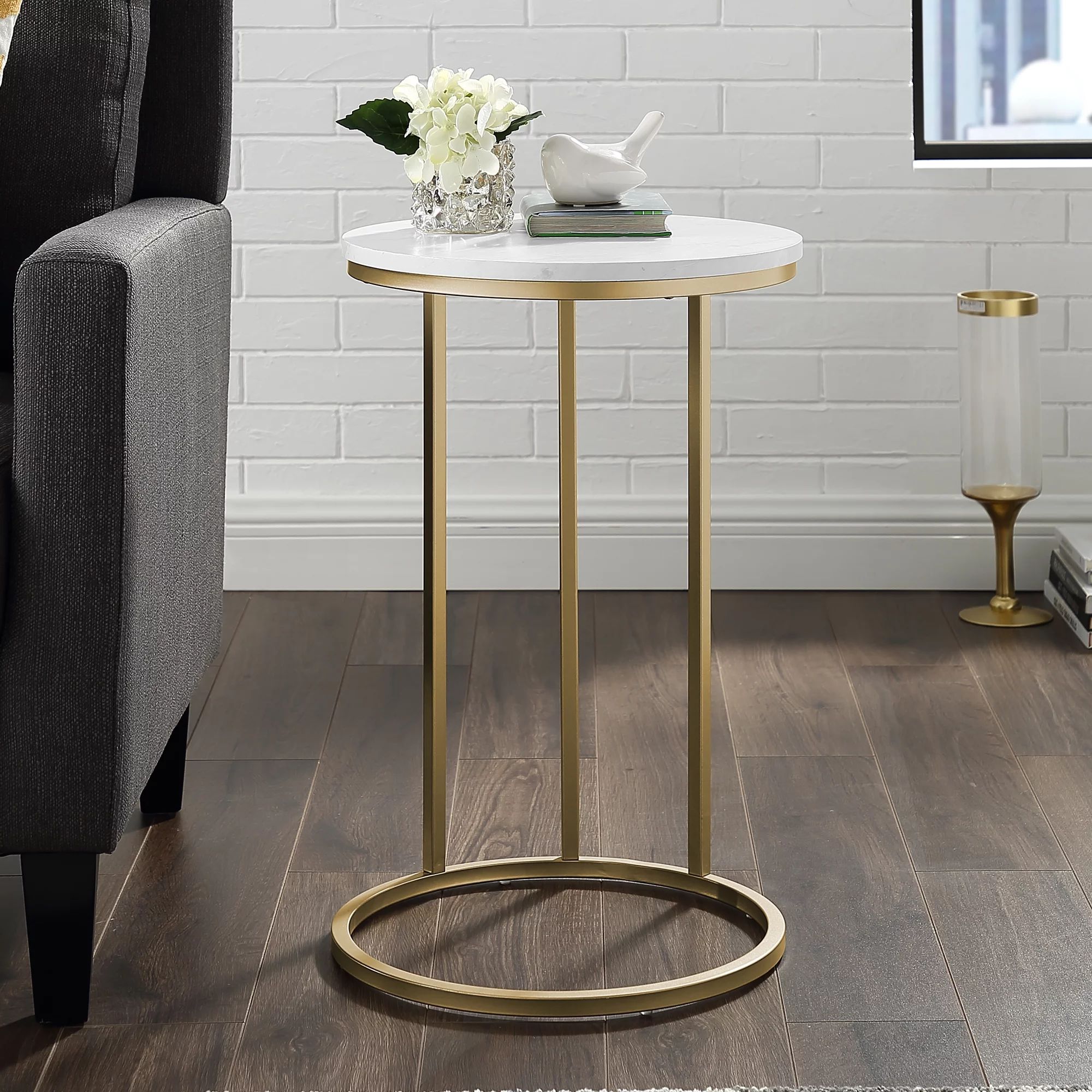Ember Interiors Modern Glam Athena C-Shaped End Table, Faux Marble/Gold | Walmart (US)