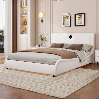 Queen Size Luxurious Faux Leather Upholstered Platform Bed with Thickened Headboard, Bluetooth Speakers and RGB LED Light, White - ModernLuxe | Target