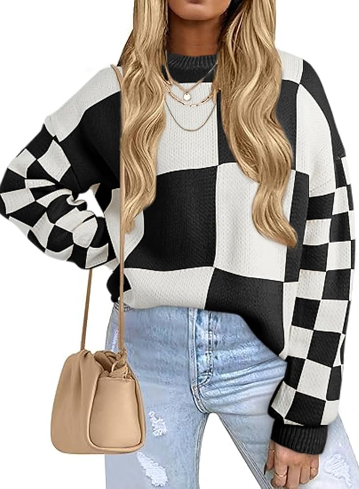 EVALESS Womens Sweaters Fall Fashion Cable Knit Checkered Oversized Sweater Tops | Amazon (US)