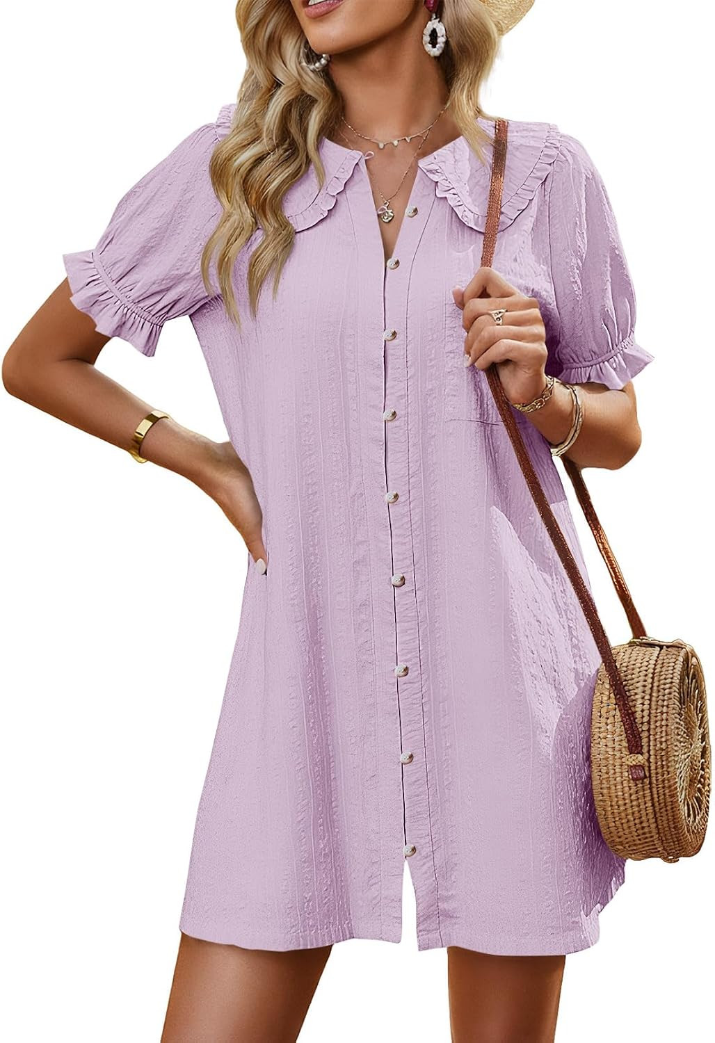 Cicy Bell Womens Peter Pan Collar Puff Short Sleeve Cute Mini Shirt Dress | Amazon (US)