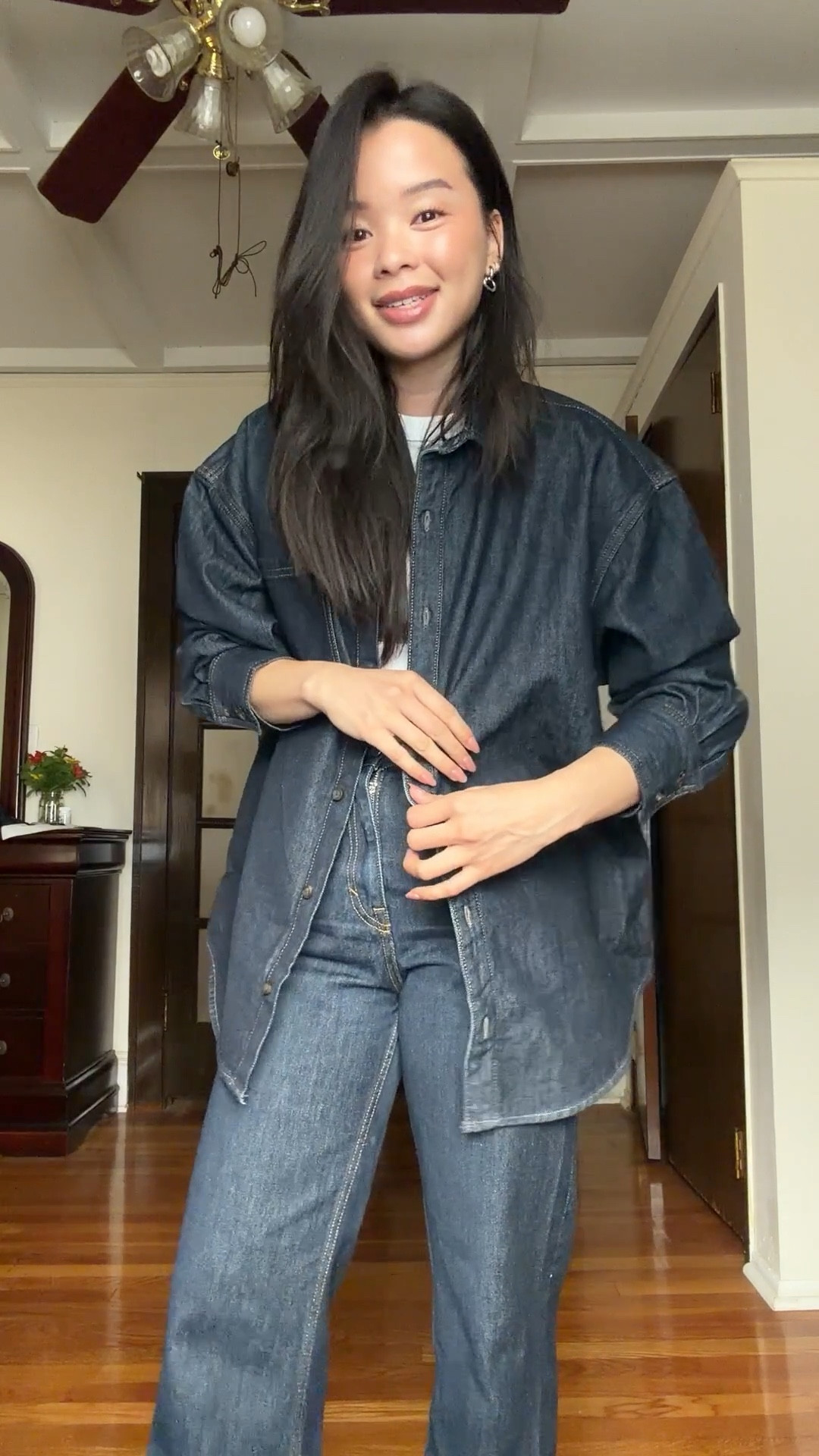 dark denim shirt from old navy wearing size small regular 

currently on sale for under $25

#LTKFindsUnder50 #LTKStyleTip