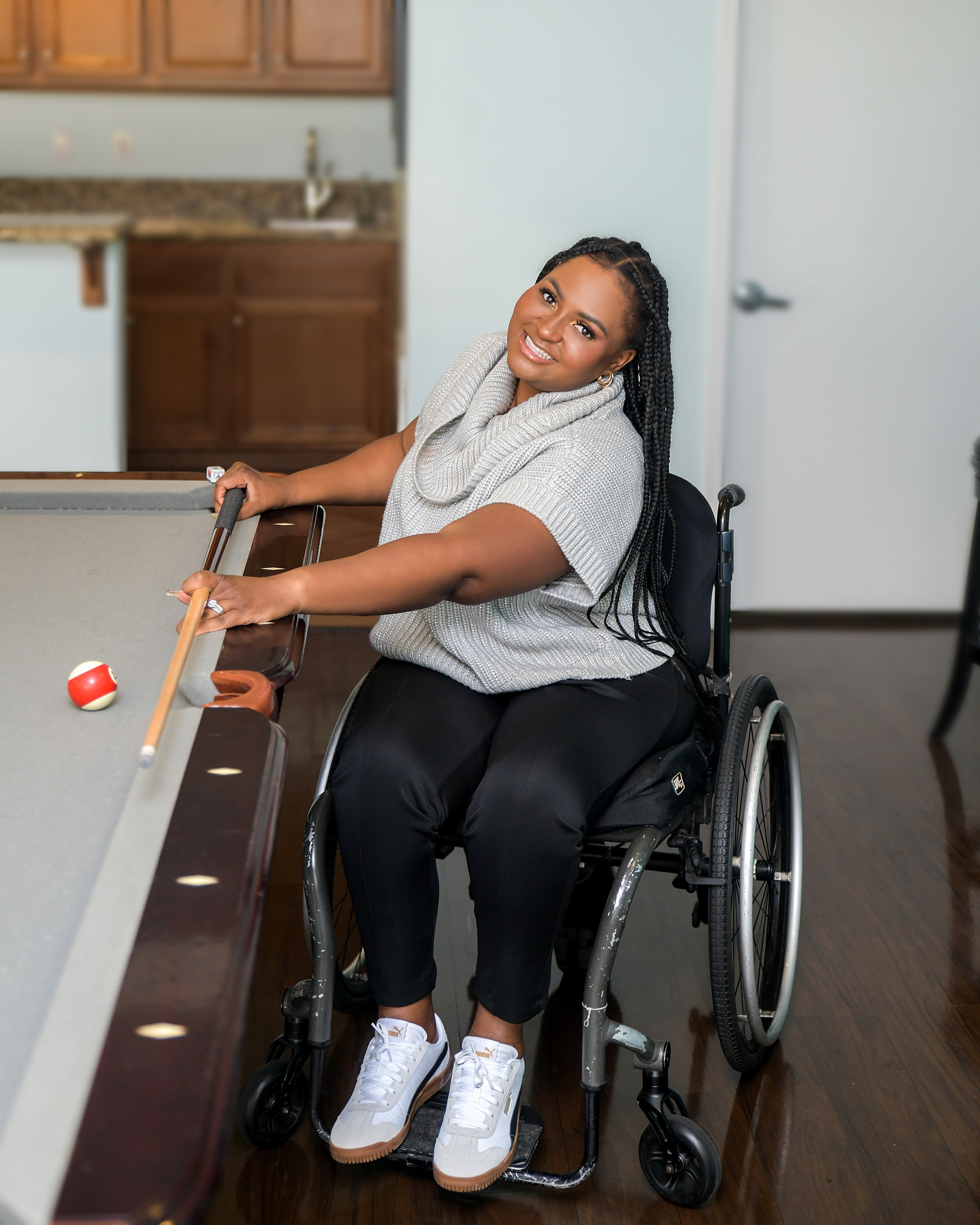 Casual adaptive clothing. Gray sweater with scoop neckline. Leggings and puma shoes. 

#LTKSeasonal #LTKMidsize #LTKStyleTip