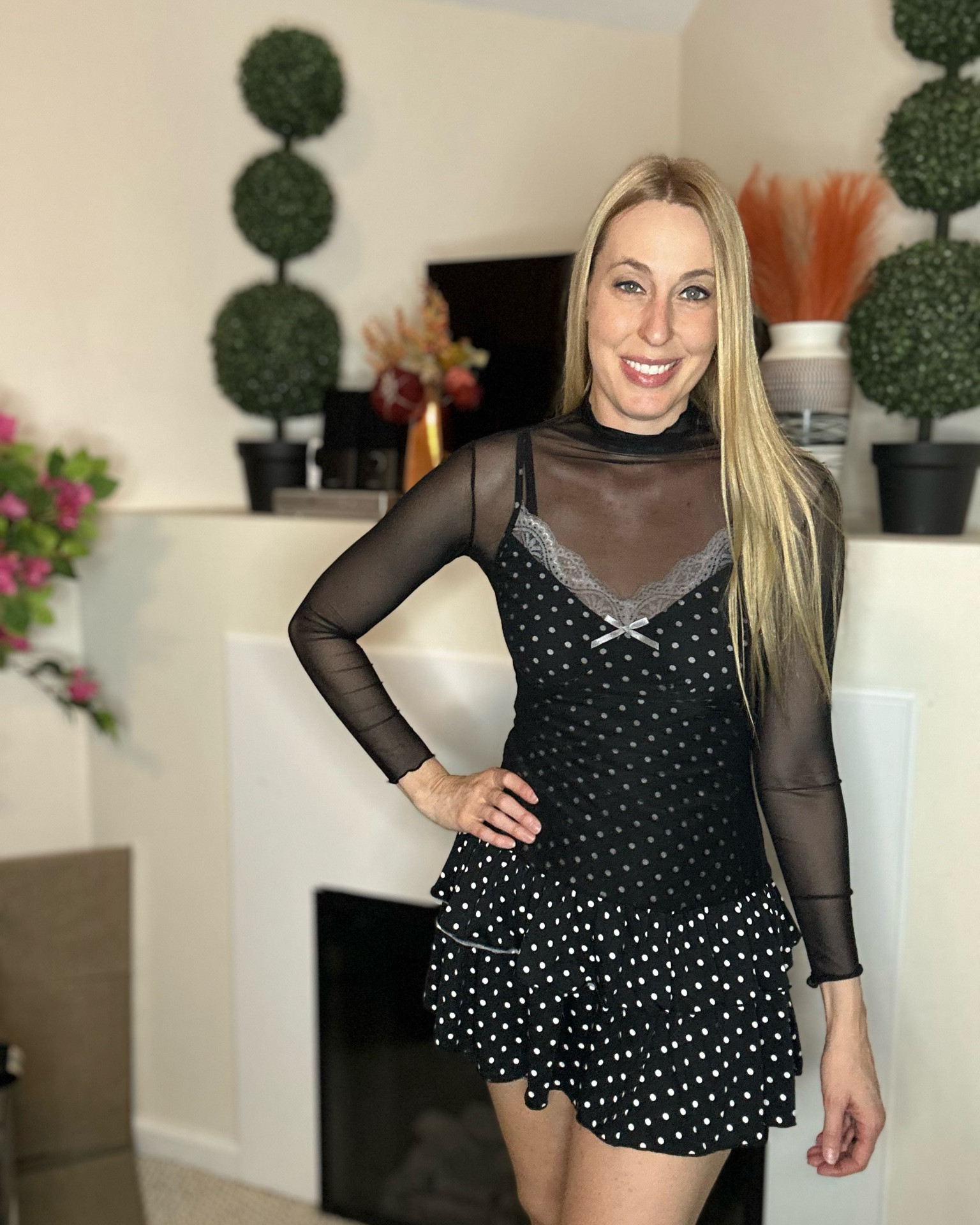 Sheer mesh top and Polka dot mini dress 
🖤 a fun new way to wear your mesh shirts  
🖤 both are very soft and comfortable
🖤fits true to size, wearing size small and I am 5’10”
🖤 Amazon fashion find under 50

#LTKTall