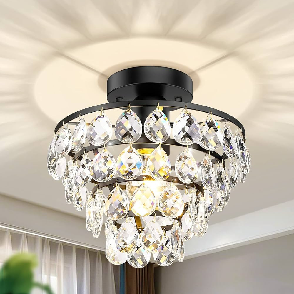 Modern Crystal Ceiling Light - Black Semi Flush Mount Ceiling Light Small Chandelier with E26 Bas... | Amazon (US)