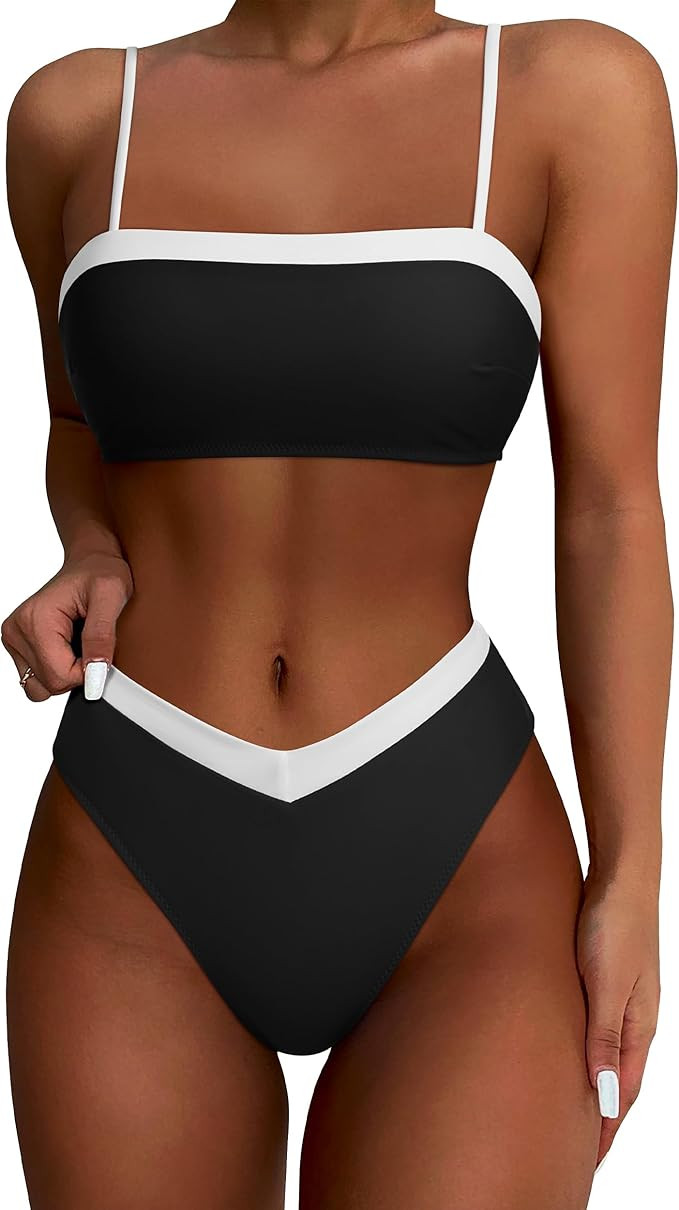 SUUKSESS Women Bandeau High Waited 2 Piece Bikini Set Cheeky High Cut Swimsuit | Amazon (US)