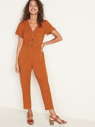 V-Neck Button-Front Jumpsuit for Women | Old Navy (US)