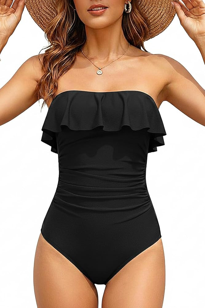 Holipick Strapless One Piece Swimsuits for Women Tummy Control Bandeau Bathing Suits Ruffle Slimm... | Amazon (US)