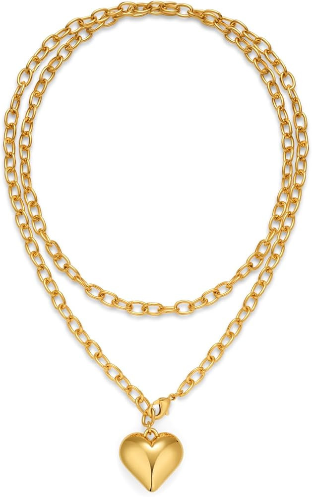 CLASSYZINT Gold Heart Pendant Necklace for Women Puffy Heart Necklace Beads Chain Necklace Statem... | Amazon (US)
