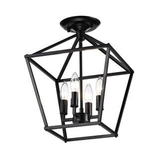Edvivi Renzo 12 in. 4-Light Matte Black Cage Lantern Farmhouse Semi-Flush Mount ESL1335BK - The H... | The Home Depot