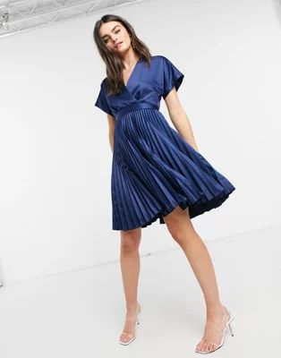 Closet London wrap front pleated midi skater dress in navy | ASOS (Global)