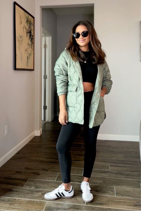 Today’s Reel outfit! Green jacket is lightweight but still warm and so soft! Wearing a size medium ...I love it! Linking similar two piece set. Adidas Sambas, size 1/2 down your normal size 

#LTKfindsunder50 #LTKstyletip #LTKfindsunder100