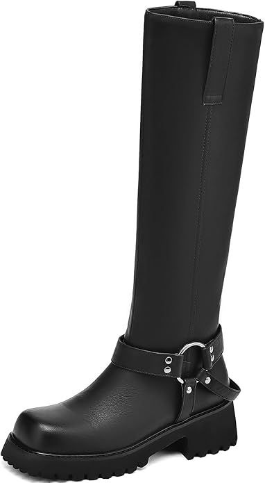 Women's Knee High Boots Square Toe Low Chunky Motorcycle Boots Fashion Buckles Biker Riding Boots... | Amazon (US)