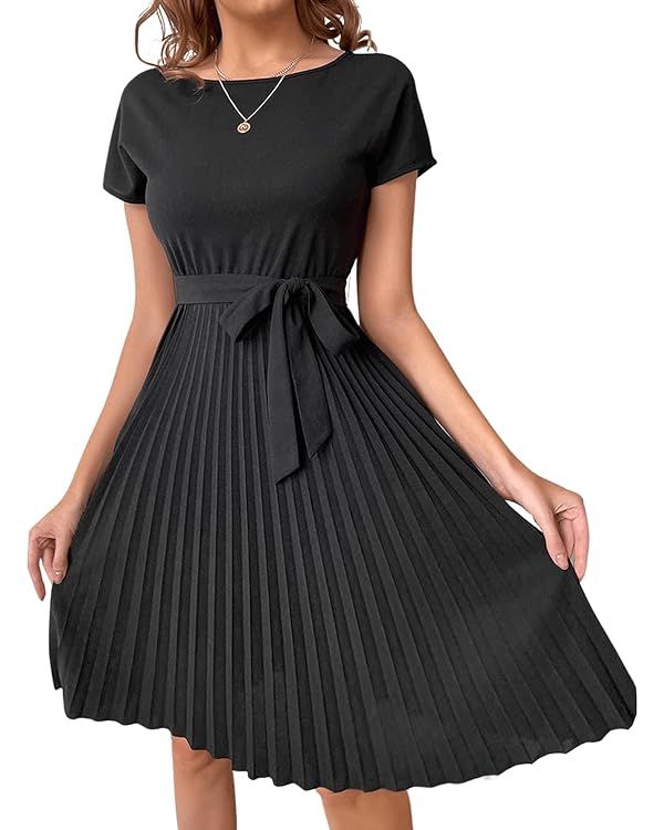 Verdusa Women's Elegant Pleated Short Sleeve High Waist Belted A Line Short Dress | Amazon (US)