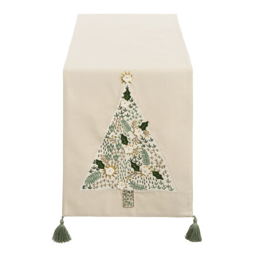 Ivory and Green Christmas Tree Embroidered Table Runner by World Market | World Market