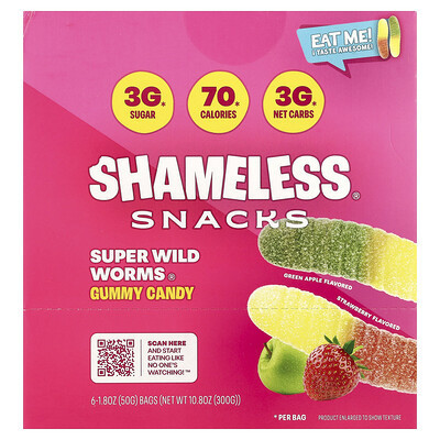 Shameless Snacks, Super Wild Worms® Gummy Candy, Green Apple and Strawberry, 6 Bags, 1.8 oz (50 g) Each | iHerb