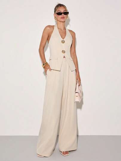 COSMINA Women's Casual Halter Metal Decor Vest And Pants Suit, Apricot Color, Commuter Outfit | SHEIN