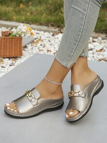 Women's Metal Buckle Round Toe Pink Wedge Heel Thick Sole Casual Sandals, Black Wedge Slip-On Com... | SHEIN