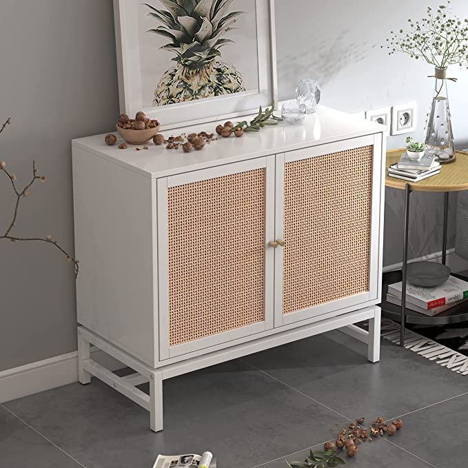 White Sideboard Buffet Accent Cabinet with Natural Rattan and 2 Magnetic Door, 2-Tier Storage Cab... | Amazon (US)