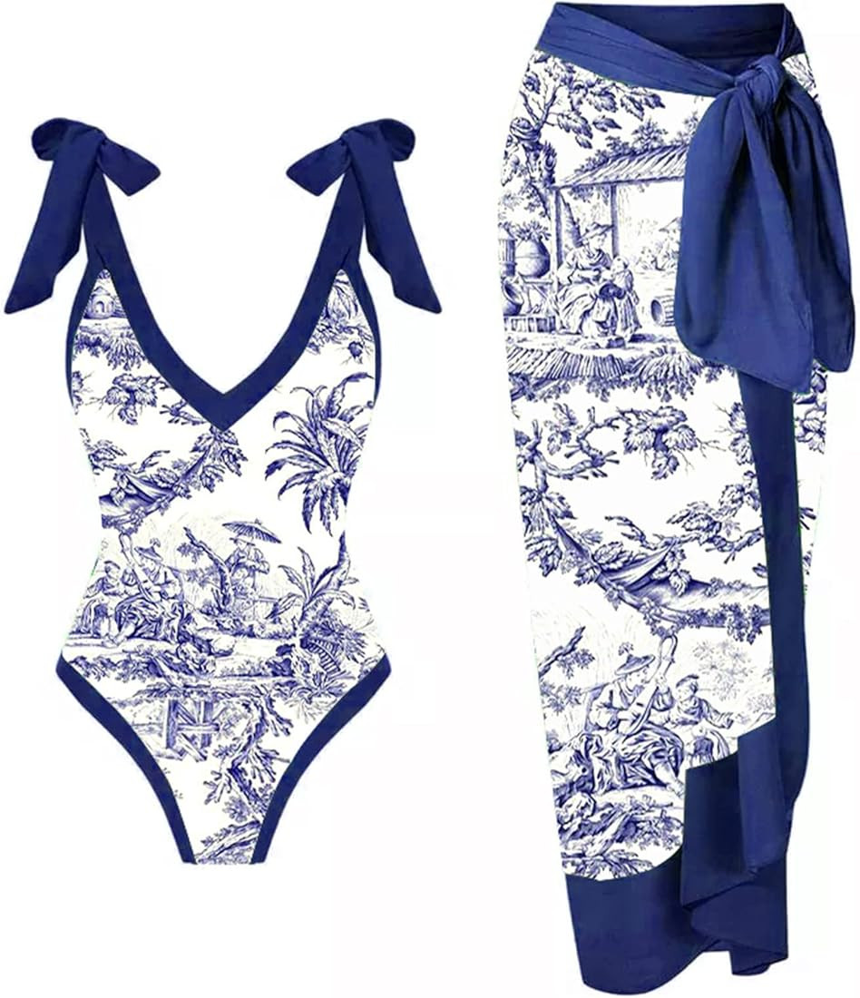 Cbcbtwo One Piece Bathing Suit for Women with Bikini Maxi Wrap Skirts 2 Piece Floral Print Swimsuit  | Amazon (US)
