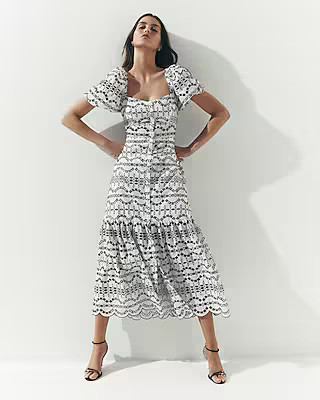 Eyelet Puff Sleeve Button Front Tiered Maxi Dress | Express