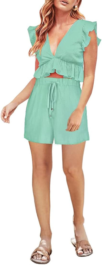 FANCYINN Womens Two Pieces Vacation Outfits Deep V Neck Ruffles Crop Top Drawstring Shorts Set | Amazon (US)